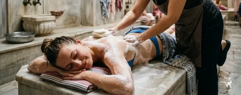 Kese-Peeling auf dem Marmor: Ein Gast wird mit dem Handschuh abgerieben